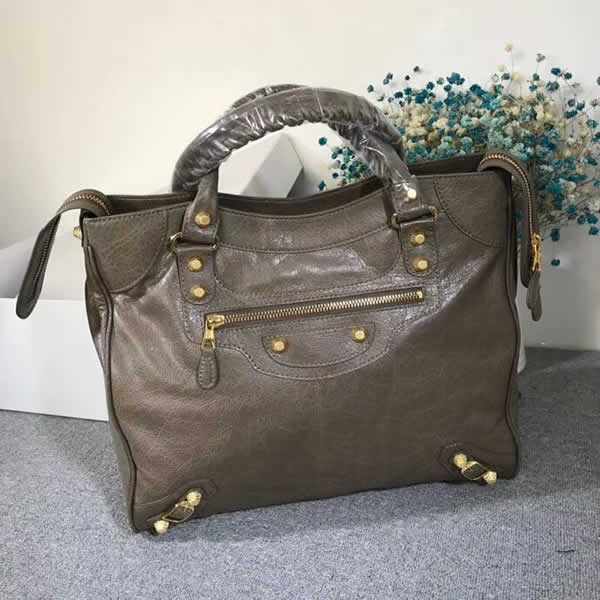 Fake Balenciaga Sheepskin Velo Bronze Nail Gray Handbags With Golden Hardware