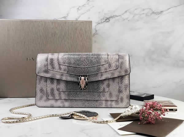 2019 New Bvlgari Snakeskin Flip Silver Shoulder Bag 37044