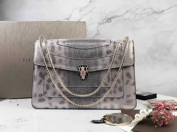 2019 New Bvlgari Snakeskin Silver Flip Shoulder Bag 35362