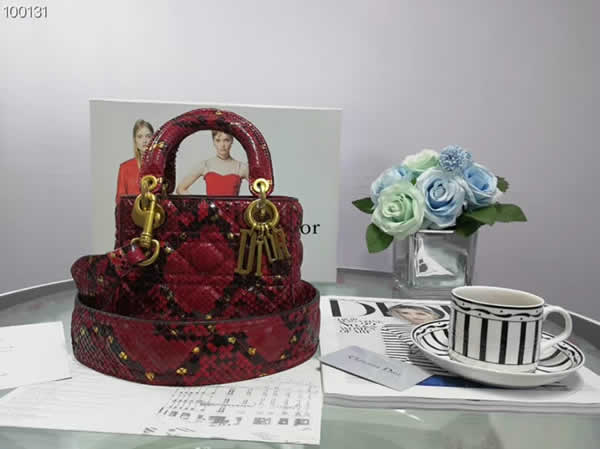 Replica Lady Dior Mini Cannage Snake Leather Red Tote Bags 0573