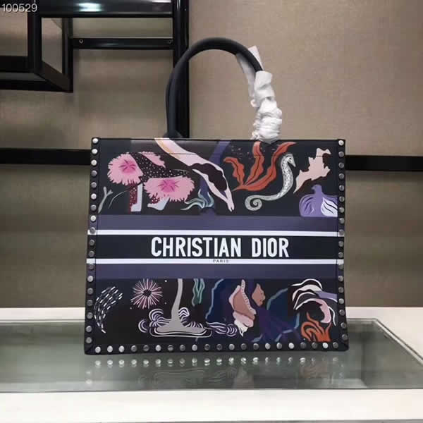 Fake Dior Book Tote Velvet Leather Studded Gray Tote Bags