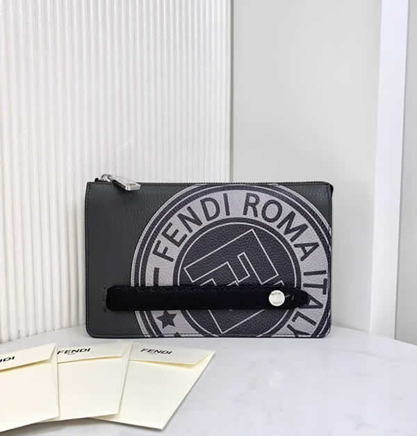 Fake Fendi Discount Silk-Printed Double F Logo Gray Blue Clutch 363