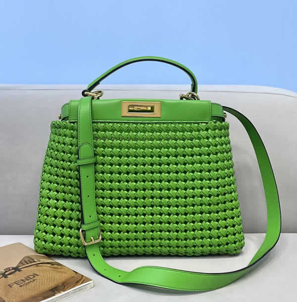 Fake Fendi New Peekaboo Sheepskin Woven Portable Green Messenger Bag 8269M