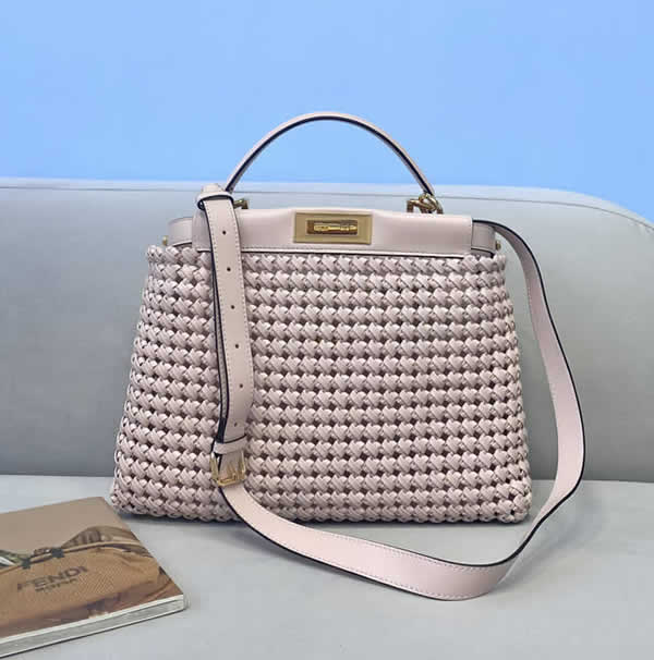 Fake Fendi New Peekaboo Sheepskin Woven Portable Light Pink Messenger Bag 8269M