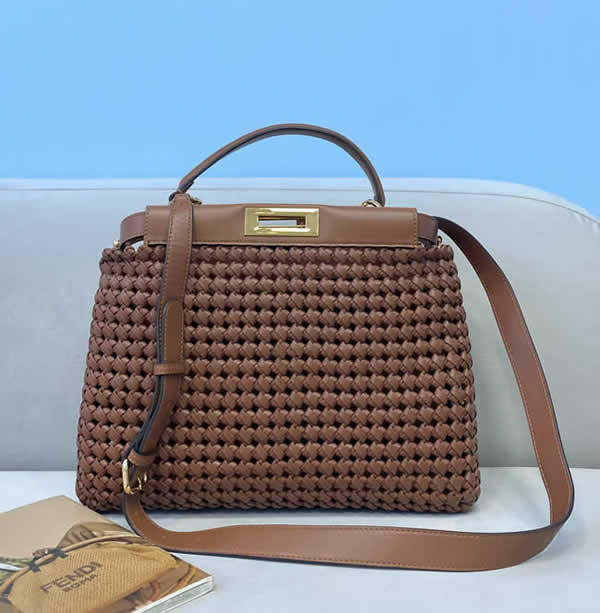 Fake Fendi New Peekaboo Sheepskin Woven Portable Brown Messenger Bag 8269M