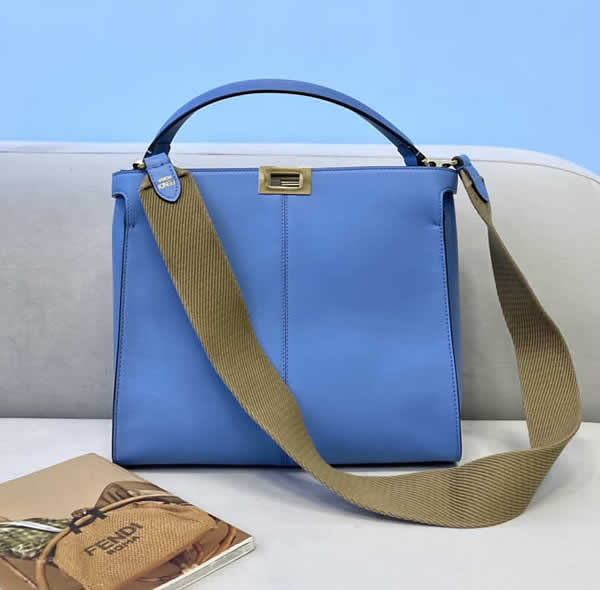 Fake Fendi Peekaboo Leather And Cotton Wide Webbing Portable Sky Blue Messenger Bag 304S