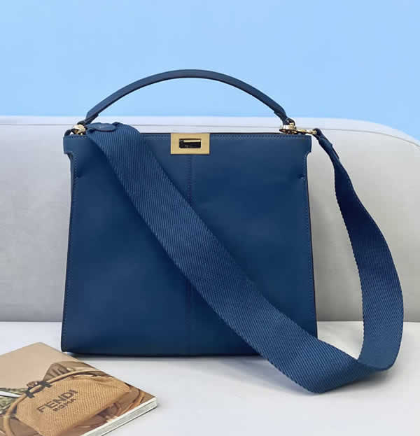 Fake Fendi Peekaboo Leather And Cotton Wide Webbing Portable Blue Messenger Bag 304S