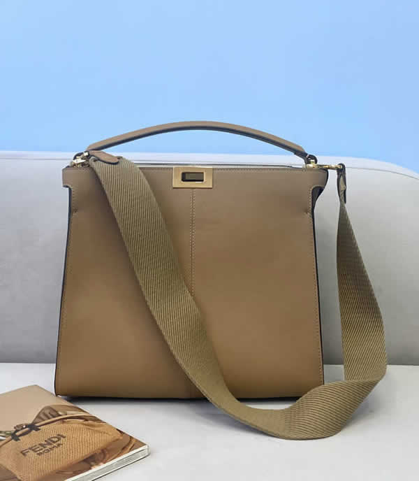 Fake Fendi Peekaboo Leather And Cotton Wide Webbing Portable Khaki Messenger Bag 304S