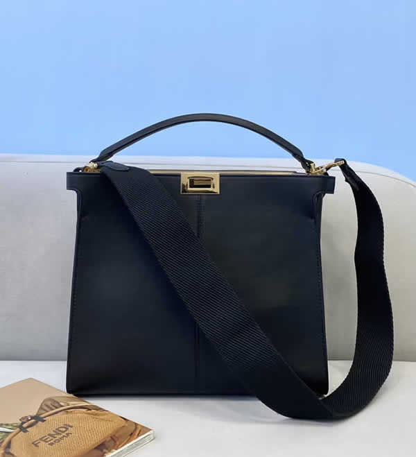 Fake Fendi Peekaboo Leather And Cotton Wide Webbing Portable Black Messenger Bag 304S