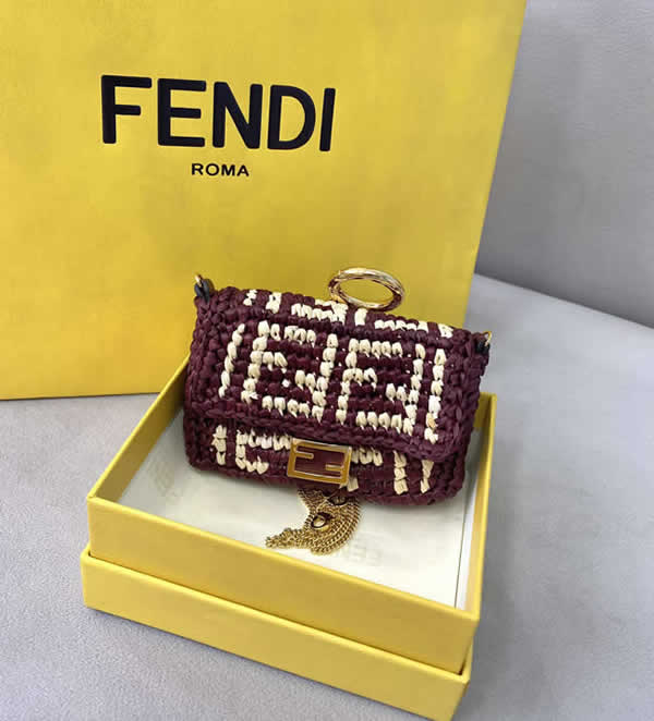 Fake Fendi Raffia Woven Red Mini Baguette Clutch Messenger Bag 8277