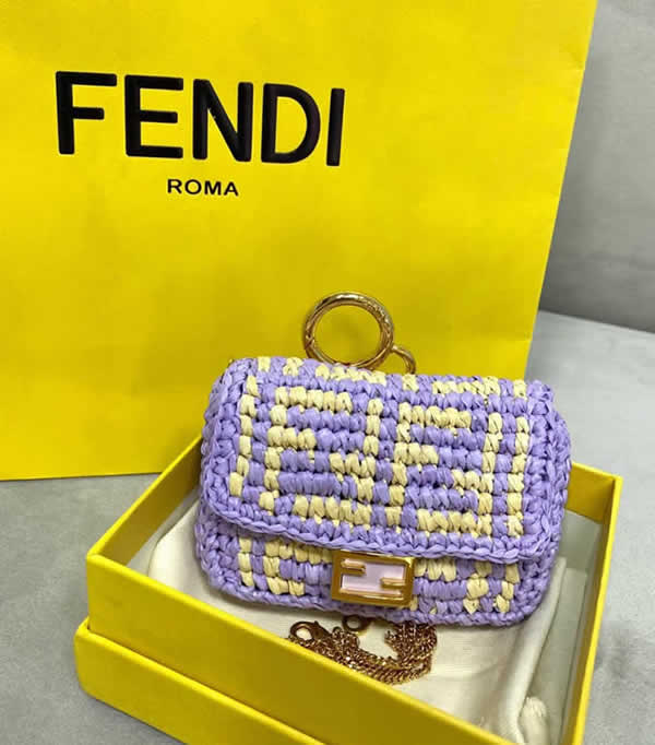 Fake Fendi Raffia Woven Purple Mini Baguette Clutch Messenger Bag 8277