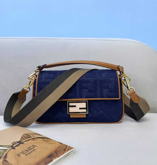 Fake Fendi Baguette Embroidered Blue Flap Crossbody Bag 0159M