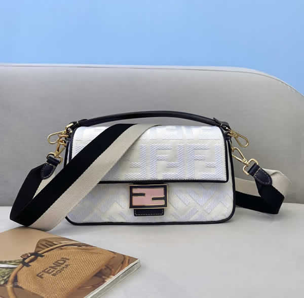 Fake Fendi Baguette Embroidered White Flap Crossbody Bag 0159M