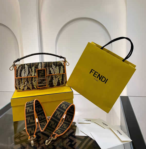 Replica Fendi Baguette Embroidered Yellow Tote Crossbody Bag 0196