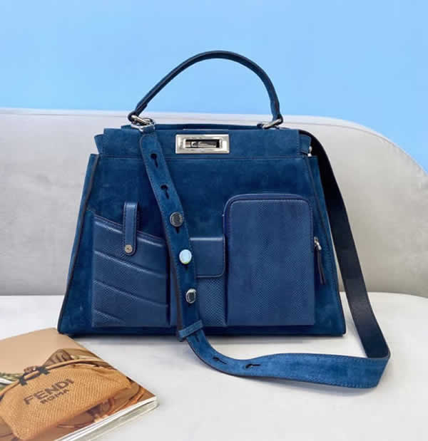 Replica Discount Fendi Peekaboo Leather Blue Single-Shoulder Messenger Bag 2113BL