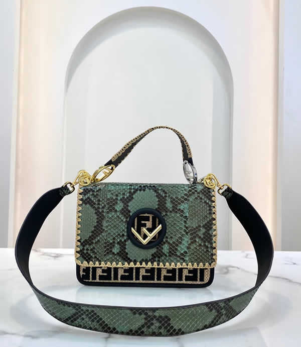 Fake Fendi Flap Handbag Classic Embroidery One-Shoulder Python Leather Green Handbag 2825