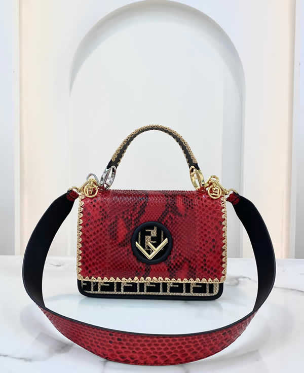 Fake Fendi Flap Handbag Classic Embroidery Red One-Shoulder Python Leather Handbag 2825