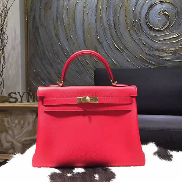 Hermes Kelly 32cm Taurillon Clemence Calfskin Original Leather Bag Handstitched Gold Hardware, Rouge Casaque CKQ5 RS13590