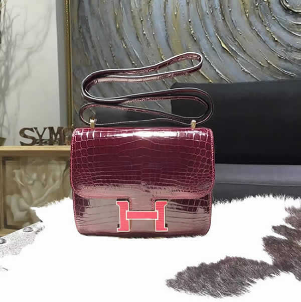 Customized Hermes Mini Constance 18cm Shiny Alligator Crocodile Original Leather Fully Handstitched Lizard Marquette, Bourgogne F5/Rouge Moyen RS20183