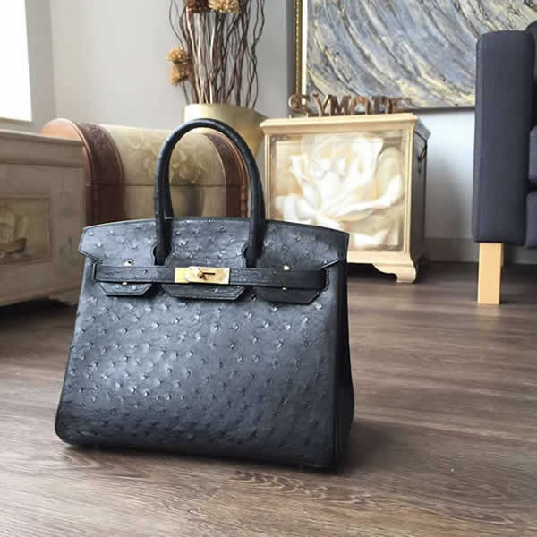 Hermes Autruche Ostrich Birkin 30cm Bag Handstitched Gold Hardware, Noir RS13991