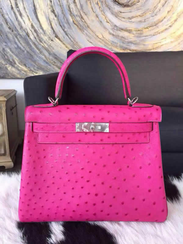 Fake Hermes Autruche Ostrich Souple Retourne Kelly 32cm Bag Handstitched Palladium Hardware, Fuschia Pink 5J RS05135