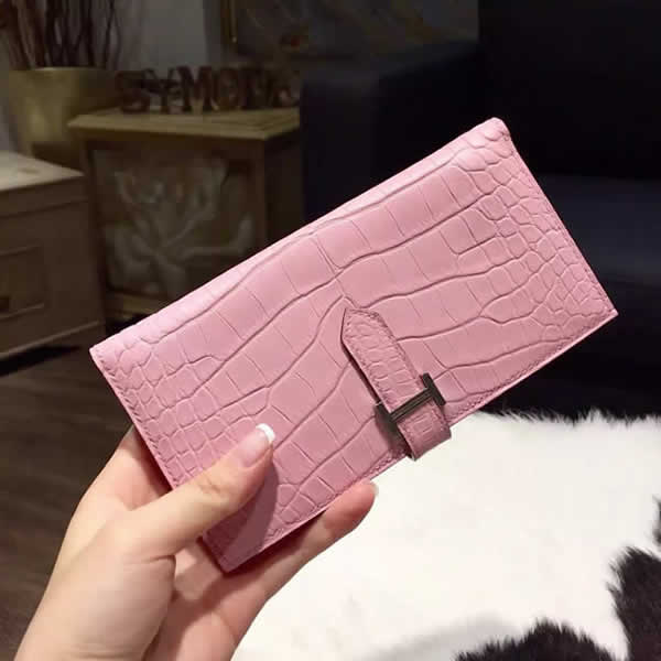 Replica Hermes Bearn Wallet Matte Crocodile Skin Handstitched Palladium Hardware, Pink 5P RS07177