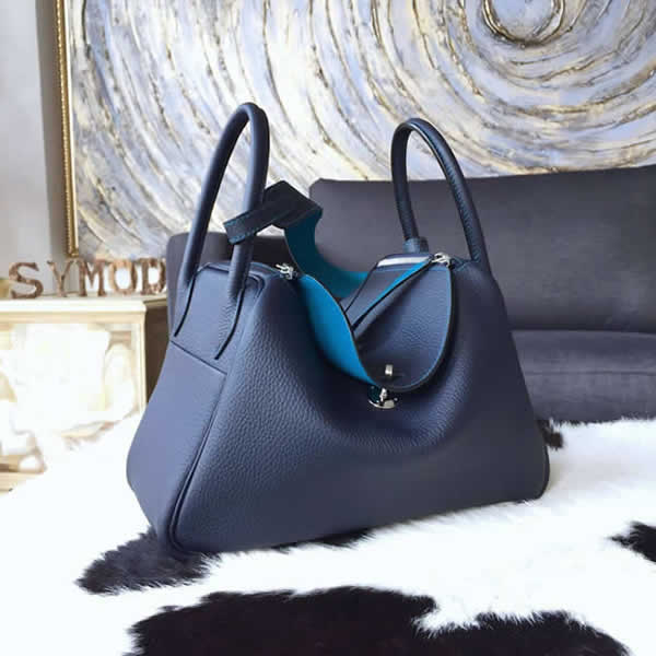 Quality Hermes Bi-Color Lindy 30cm Taurillon Clemence Calfskin Bag Handstitched, Blue Saphir CK73/Blue Izmir 7W RS05946