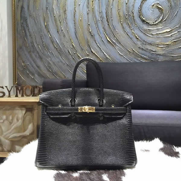 Copy Hermes Birkin 25cm Lizard Skin Original Leather Bag Handstitched Gold Hardware, Noir RS04130