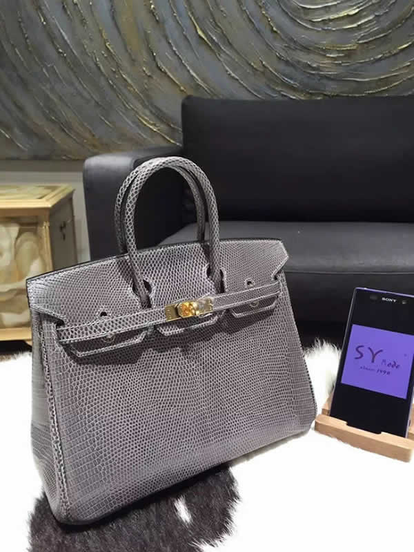 Hermes Birkin 25cm Lizard Skin Original Leather Bag Handstitched Gold Hardware, Gris Fonce CK84 RS12830