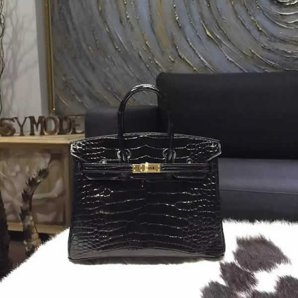 Hermes Birkin 25cm Shiny Alligator Crocodile Handstitched Gold Hardware, Noir Black RS10397