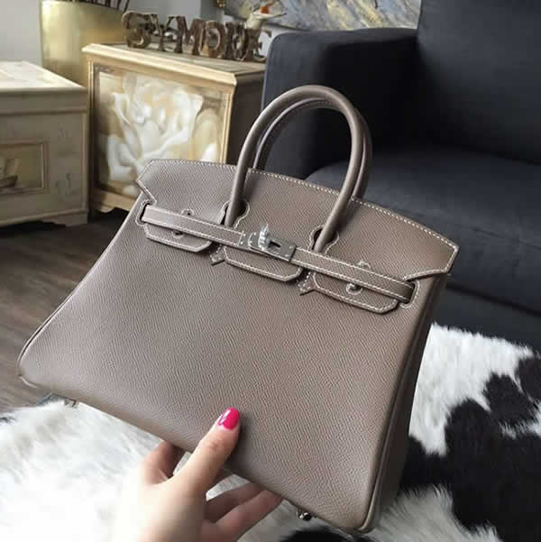 Replica Hermes Birkin 25cm Togo Calfskin Bag Handstitched Palladium Hardware, Etoupe CK18 Contrast Stitching RS15009