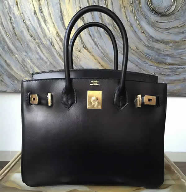 Designer Replica Hermes Birkin 30cm Box Calfskin Bag Handstitched Gold Hardware, Noir RS06952