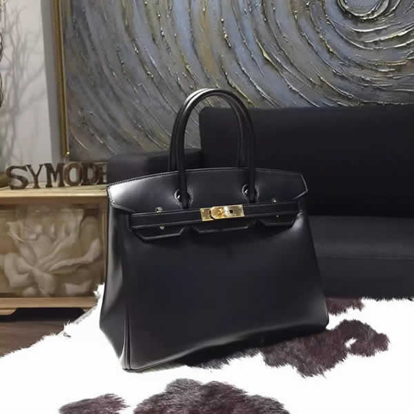 Replica Hermes Birkin 30cm Box Calfskin Bag Handstitched Gold Hardware, Black Noir RS02394