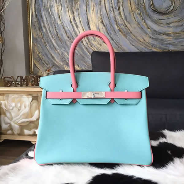 Hermes Birkin 30cm Epsom Calfskin Bag Handstitched Palladium Hardware, Blue Atoll 3P/Rose Confetti 1Q RS08392