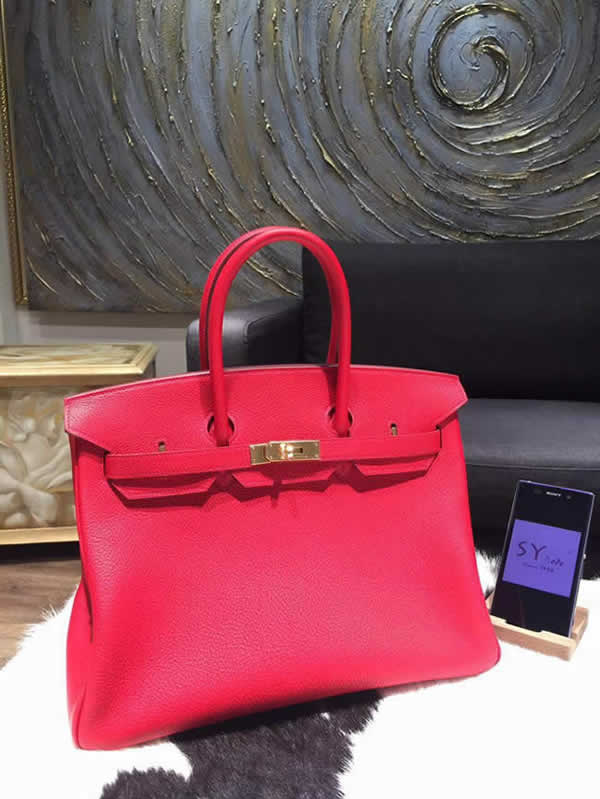 Fashion Hermes Birkin 35cm Taurillon Clemence Calfskin Leather Bag Gold Hardware Handstitched, Rouge Casaque Q5 RS08114