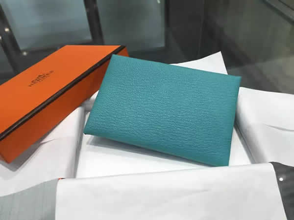 Hermes Calvi Card Holder Case Handstitched Taurillon Clemence Calfskin, Turquoise Blue 7B RS11221