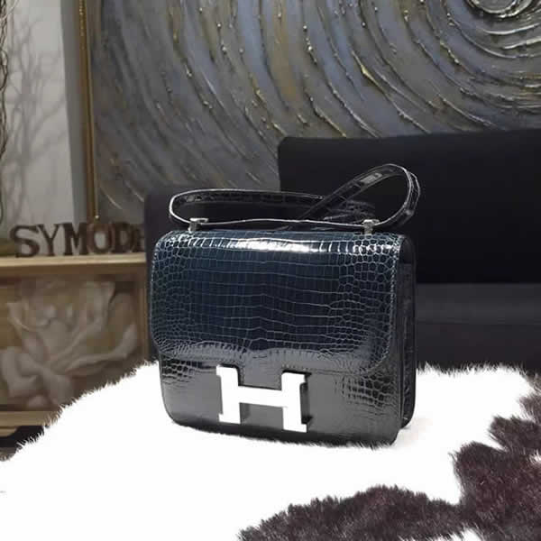 Replica Hermes Constance 18cm Shiny Alligator Crocodile Original Leather Fully Handstitched Palladium Hardware, Blue Roy 7A RS21183