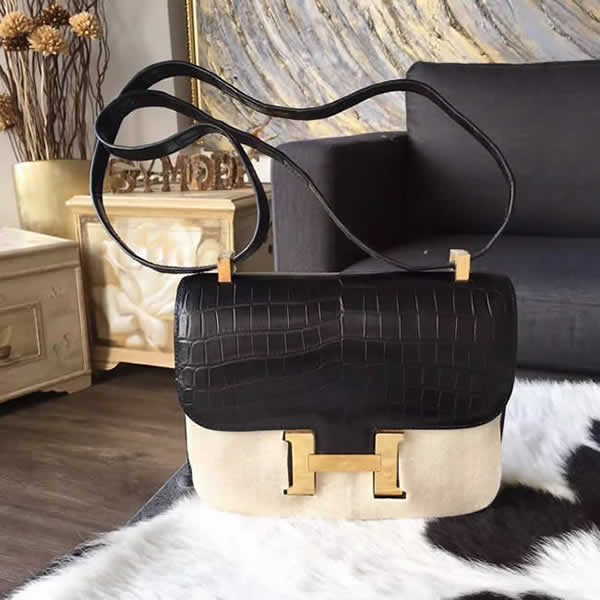 Replica Hermes Constance 23cm Matte Alligator Crocodile Original Leather Fully Handstitched Palladium Hardware, Noir CK89 RS00487