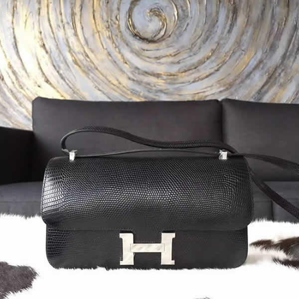 Copy AAAAA Hermes Constance Elan 26cm Lizard Skin Original Leather Handstitched Palladium Hardware, Noir Black RS17112