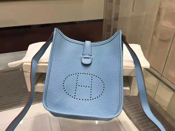 Luxury Hermes Evelyne Mini TPM Taurillon Clemence Palladium Hardware Handstitched High Quality, Bleu Lin CKJ7 RS04667