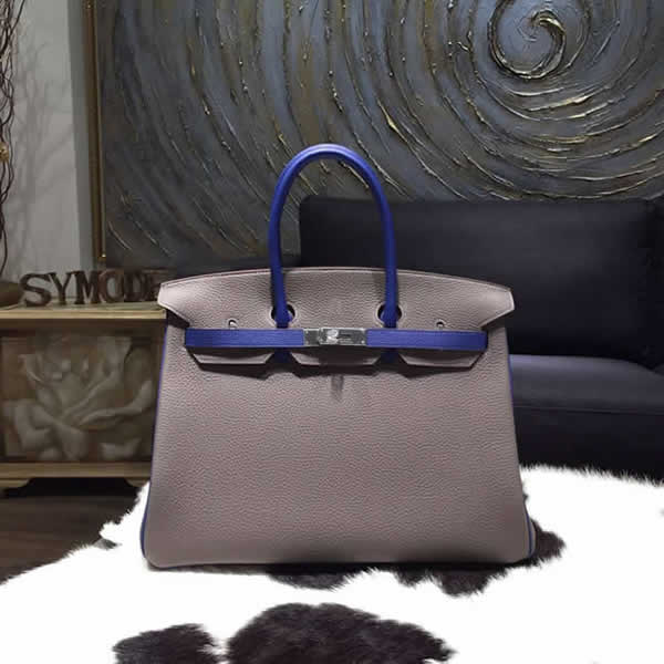 Hermes Horseshoe Birkin 35cm Togo Calfskin Bag Handstitched Palladium Hardware, Etain 8F/Blue Electric 7T RS17464