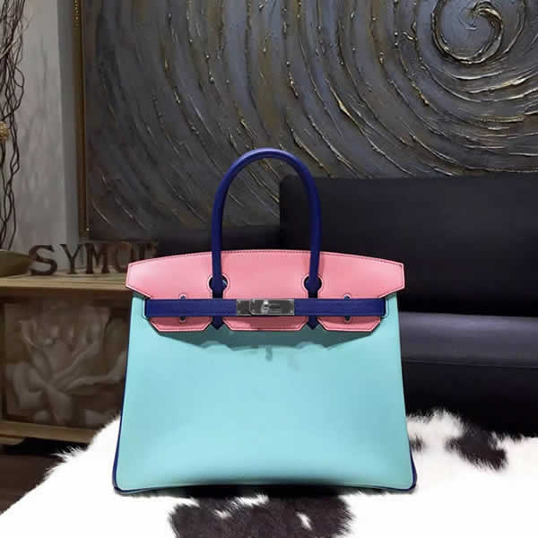 Fake Hermes Horseshoe Birkin 30cm Epsom Calfskin Bag Handstitched Palladium Hardware, Rose Confetti 1Q/Blue Atoll 3P/Electric Blue 7T RS05845