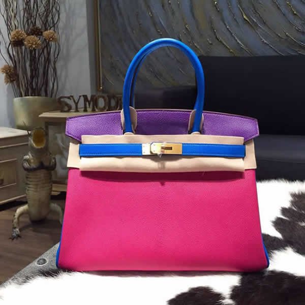 Copy Hermes Horseshoe Birkin 30cm Chevre Myzore Goatskin Bag Handstitched Palladium Hardware, Rose Tyrien E5/Anemone P9/Blue Aztec7M RS10274