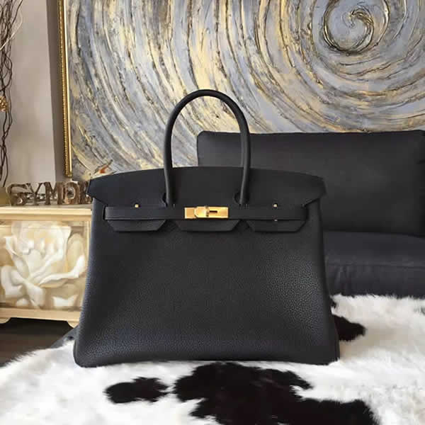 Hermes Horseshoe Birkin 35cm Togo Calfskin Original Leather Bag Handstitched Gold Hardware, Noir CK89/Rouge Casaque Q5 Interior RS04044