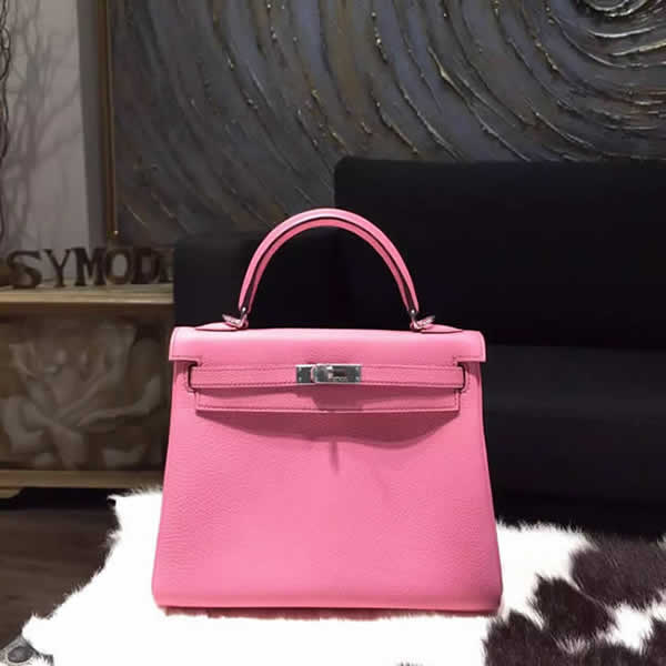 Top Hermes Kelly 25cm Togo Calfskin Original Leather Bag Handstitched Palladium Hardware, Pink 5P RS20013