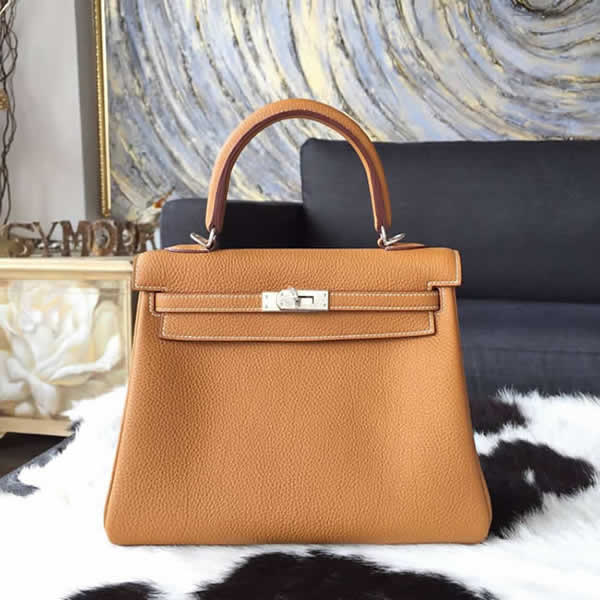 Hermes Kelly 25cm Togo Calfskin Bag Handstitched Palladium Hardware, Gold CK37 Contrast Stitching RS13214