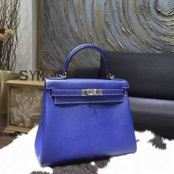 Hermes Kelly 28cm Epsom Calfskin Original Leather Bag Handstitched Palladium Hardware, Blue Electric 7T with Mykonos 7Q Interior and White Stitching RS04848