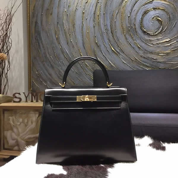 Hermes Kelly 28cm Box Calfskin Sellier Rigide Bag Handstitched Gold Hardware, Noir Black RS13653