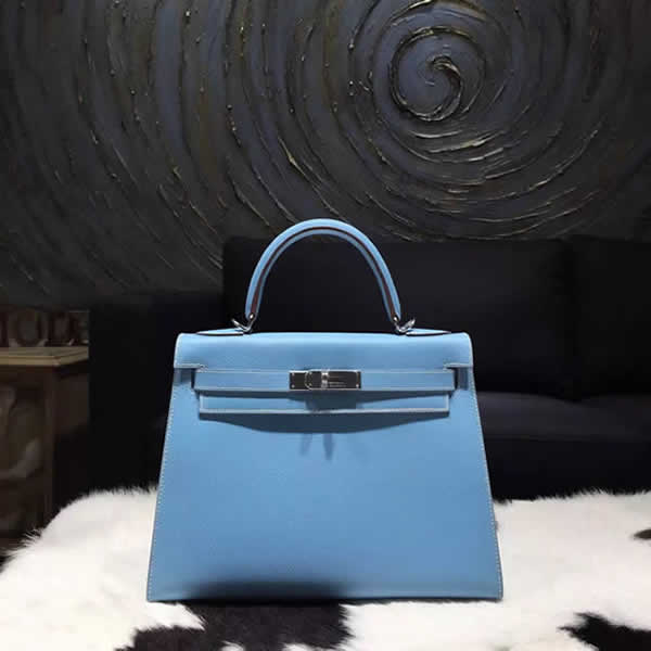 High Quality Imitation Hermes Kelly 28cm Epsom Calfskin Sellier Rigide Bag Handstitched Palladium Hardware, Celeste 7N RS10587