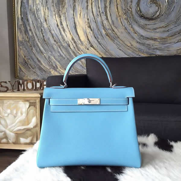 Fashion Hermes Kelly 28cm Epsom Calfskin Original Leather Bag Handstitched Palladium Hardware, Celeste 7N/Mykonos 7Q Interior RS17973